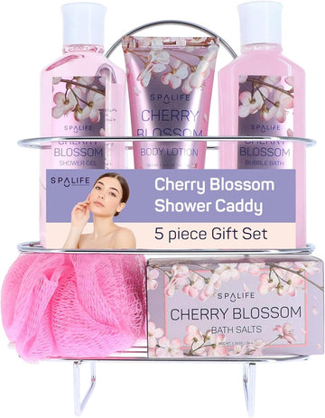 Spalife Cherry Blossoms Gift Set - 5-Piece Bath And Shower Caddie, Bubble Bath, Shower Gel, Bath Salts, Body Lotion, Relaxing Luxury At Home Spa Experience, Perfect Mother'S Day Bath Gift For Women