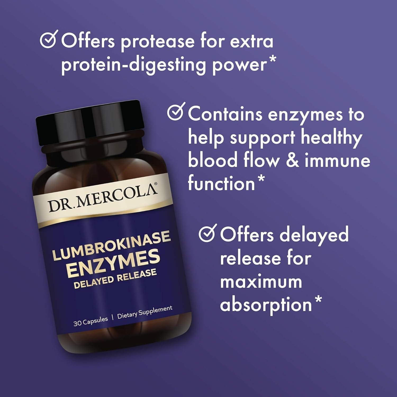 Dr. Mercola Lumbrokinase Enzymes - Delayed Release Formula - Dietary Supplement For Cardiovascular & Energy Support - Non-Gmo, Gluten-Free & Soy-Free - 30 Capsules (30 Servings) : Health & Household