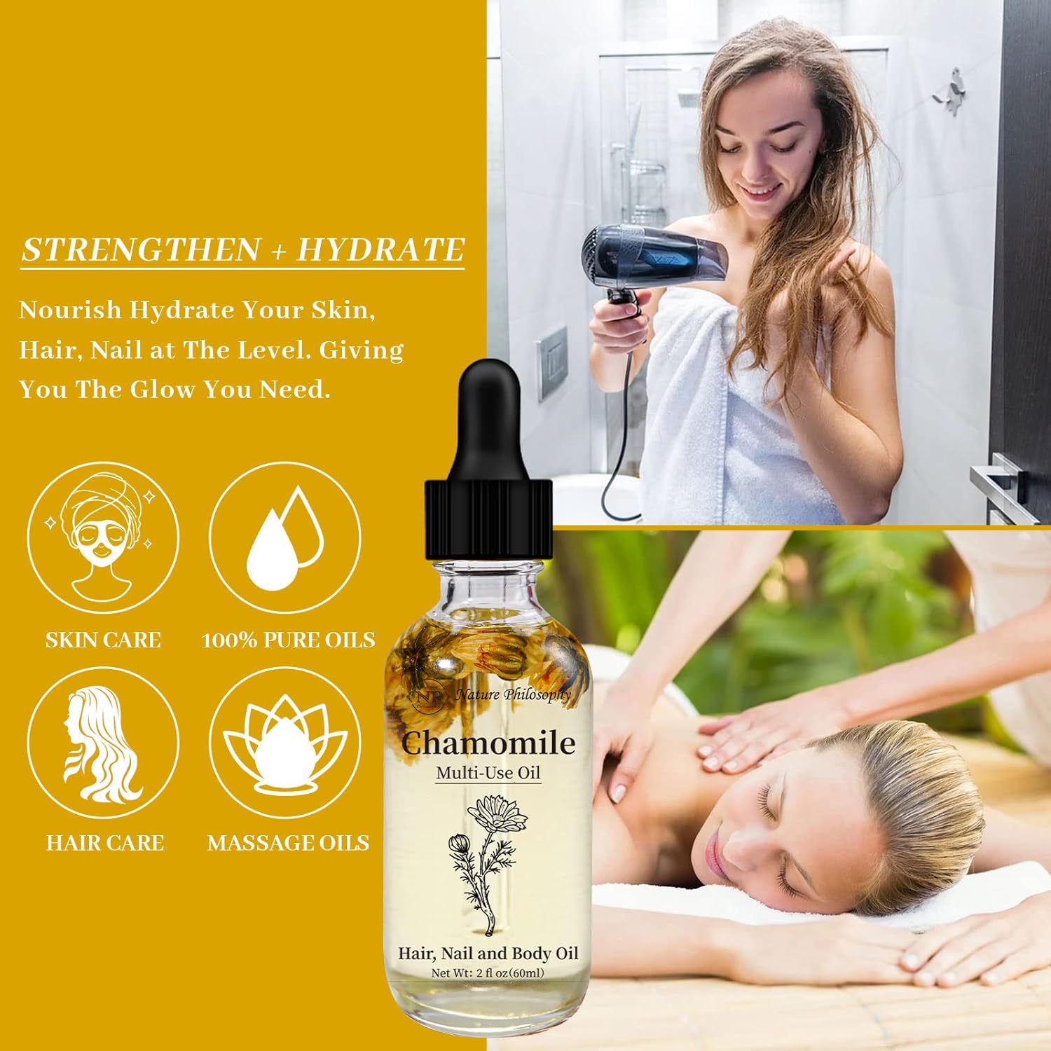 Np Natures Philosophy Chamomile Multi-Use Oil For Face, Body And Hair - Organic Plant Fragrant Essential Oil For Dry Skin, Scalp And Nails - 2 Fl Oz : Beauty & Personal Care