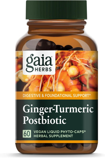 Gaia Herbs Ginger-Turmeric Postbiotic - Premium Digestive Support Supplement For Gut Health - Made With Fermented Turmeric & Ginger - Free From Dairy, Soy & Gluten - 60 Vegan Capsules (30 Servings)