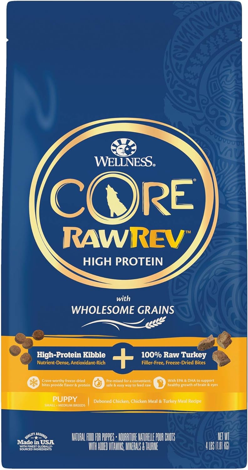 Wellness Core Rawrev Dry Puppy Food With Wholesome Grains, Natural Ingredients, Made In Usa With Real Freeze-Dried Meat (Puppy, Turkey, 4 Lbs)