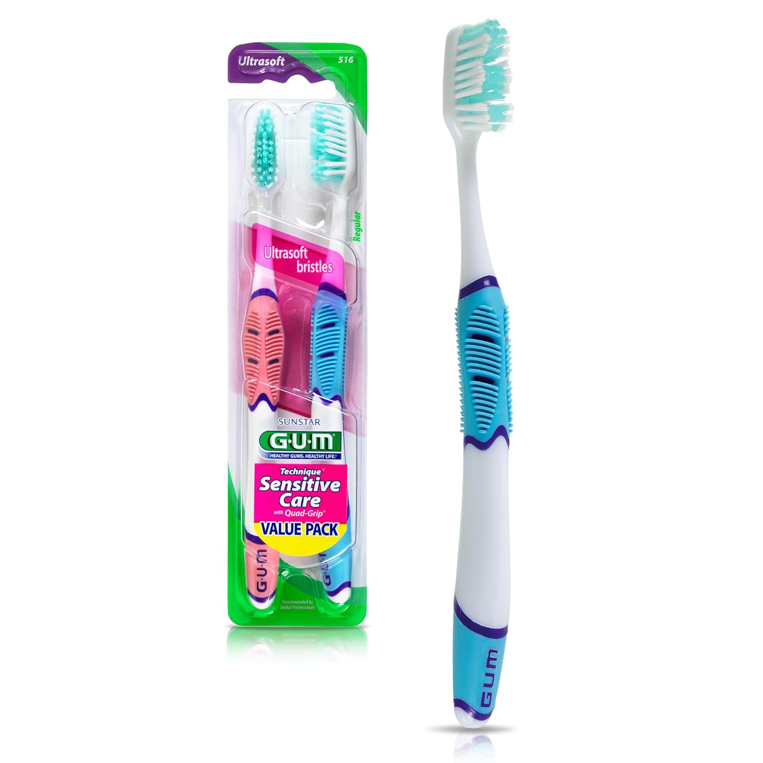 Gum Technique Sensitive Care Toothbrush With Quad-Grip Handle, Full Head & Ultra Soft Dome Trim Bristles For Plaque Removal That’S Gentle On Gums, 2Ct