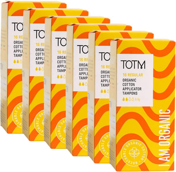 TOTM Regular Applicator Tampons | Certified Organic Cotton | Plastic-Free applicators & Wrappers | Naturally Soft, Absorbent & Super Comfy | 6 Packs | 96 tampons