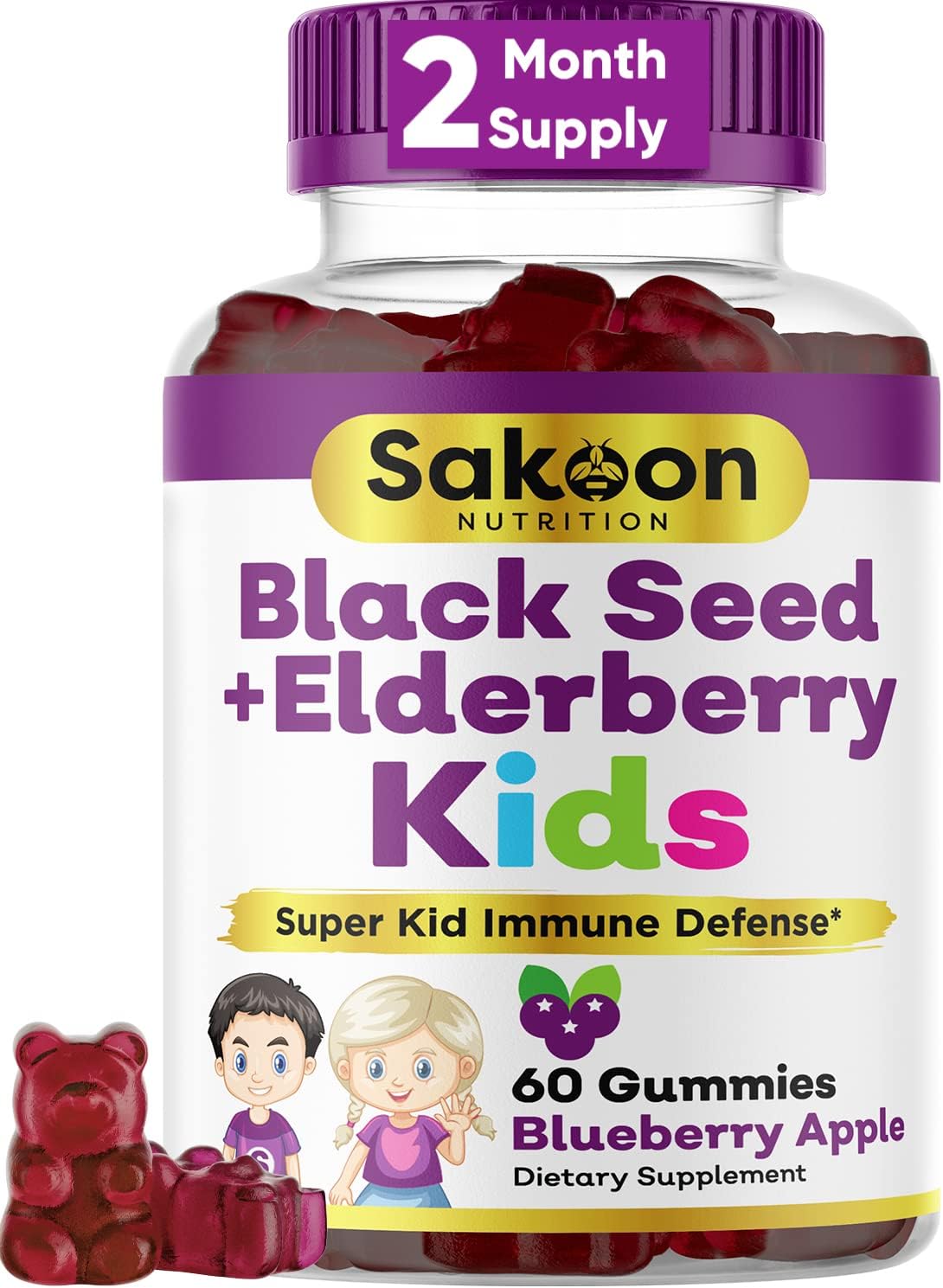 Sakoon nutrition Elderberry & Black Seed Oil Gummies for Kids, Immune Support Gummies, with Vitamin C and Zinc, Delicious Berry Flavor, 60 Gummies