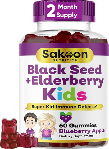 Elderberry & Black Seed Oil Gummies For Kids, Immune Support, With Vitamin C And Zinc, Delicious Berry Flavor, 60 Gummies