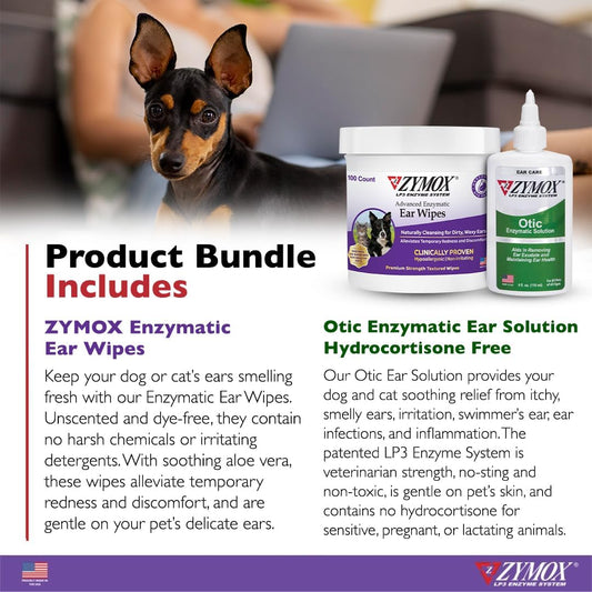 Zymox Enzymatic Ear Wipes And Otic Ear Solution Hydrocortisone Free For Dogs And Cats - Product Bundle - For Dirty, Waxy, Smelly Ears And To Soothe Ear Infections, 100 Count Wipes And 4Oz Bottle