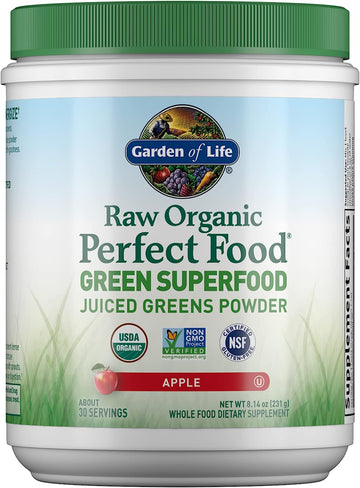 Garden of Life Raw Organic Perfect Food Green Superfood Juiced Greens Powder - Apple Flavor, 30 Servings - Vegan Gluten Free Whole Food Dietary Supplement, Greens Plus Probiotics & Enzymes