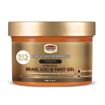 African Pride Black Castor Miracle Extra Hold Braid, Loc, Twist Gel - Extreme Hold Braiding Hair Gel, Edge Control & Tames Frizz, No Flake | Natural Ingredients, Black Castor & Coconut Oil | 12Oz