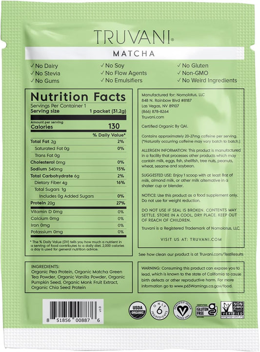 Truvani Vegan Pea Protein Powder | Matcha | 20G Organic Plant Based Protein | 1 Serving | Keto | Gluten & Dairy Free | Low Carb | No Added Sugar