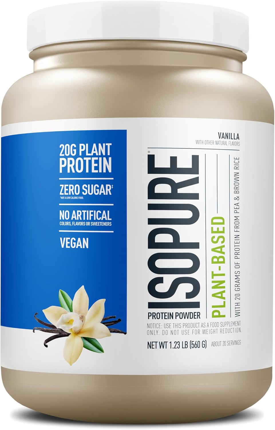 Isopure Plant-Based Protein Powder, Lactose Free, Gluten Free, With Iron, Unflavored, 20G Plant Protein Per Serving, 1.15 Lbs, 20 Servings