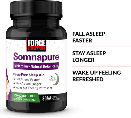 Force Factor Somnapure, 2-Pack, Drug-Free Sleep Aid for Adults with Melatonin, Valerian Root, and Lemon Balm, Non-Habit-Forming Sleeping Pills, Fall Asleep Faster, Wake Up Refreshed, 60 Tablets
