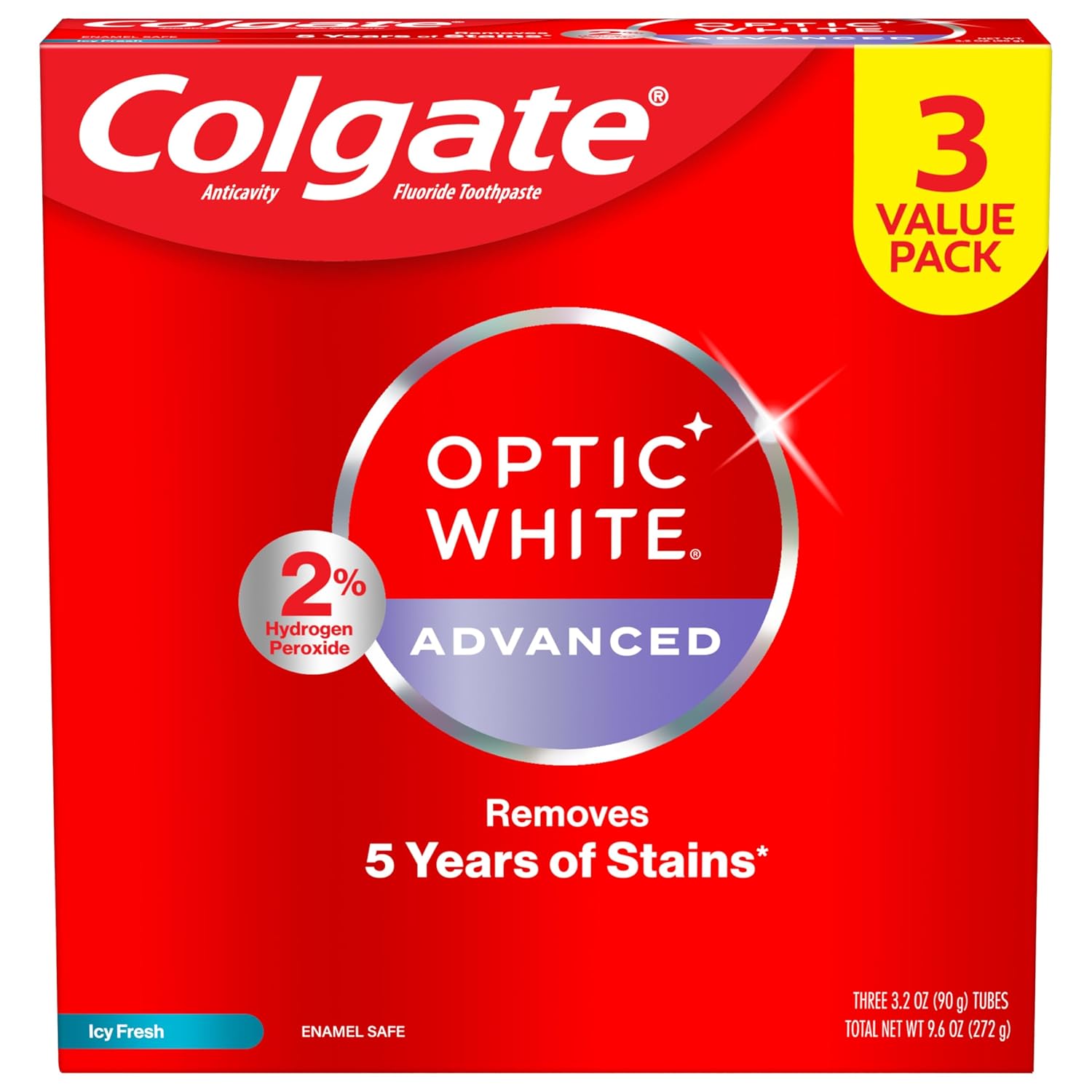 Colgate Optic White Advanced Hydrogen Peroxide Toothpaste Pack, Teeth Whitening Toothpaste, Enamel-Safe Hydrogen Peroxide Formula, Helps Remove Tea, Coffee, And Wine Stains, Icy Fresh, 3 Pack, 3.2 Oz