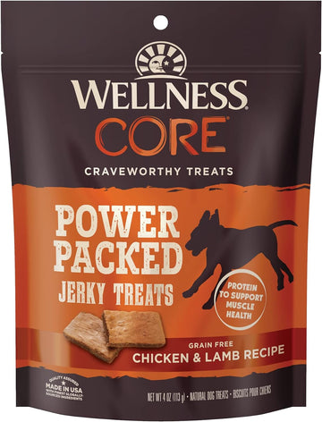 Wellness Core Power Packed Dog Treats, Grain-Free Tender Jerky Treats, Made In Usa (Chicken & Lamb Recipe, 4-Ounce Bag)