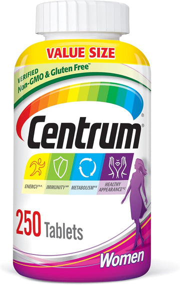 Centrum Multivitamin For Women, Multivitamin/Multimineral Supplement With Iron, Vitamin D3, B Vitamins And Antioxidant Vitamins C And E, Tablet, Gluten Free, Non-Gmo Ingredients - 250 Count