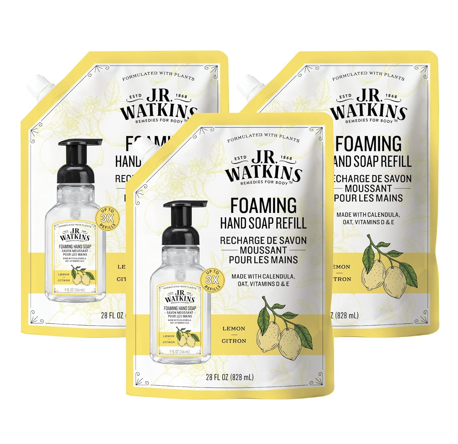 J.R. Watkins Foaming Hand Soap Refill, Moisturizing Foam Hand Wash, All Natural, Alcohol-Free, Cruelty-Free, Usa Made, Lemon, 28 Fl Oz, 3 Pack
