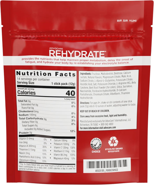 Advocare Rehydrate Electrolyte Drink Mix - Hydration & Recovery Drink With Sodium, Potassium & More - Red Raspberry, 14 Stick Packs