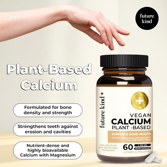 Future Kind Vegan Calcium Supplement (60 Capsules) - Plant-Based Calcium Magnesium Supplement Sourced from Iceland for Teeth and Bone Support - Calcium Supplements for Women & Men