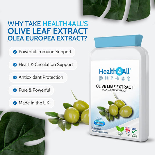 Health4All Olive Leaf Extract - 100Mg Oleuropein Per Capsule | 20% Standardised 10:1 Extract From Wild European Leaves | 90 Vegan Capsules - 3 Month Supply | No Additives | Immune & Heart Support