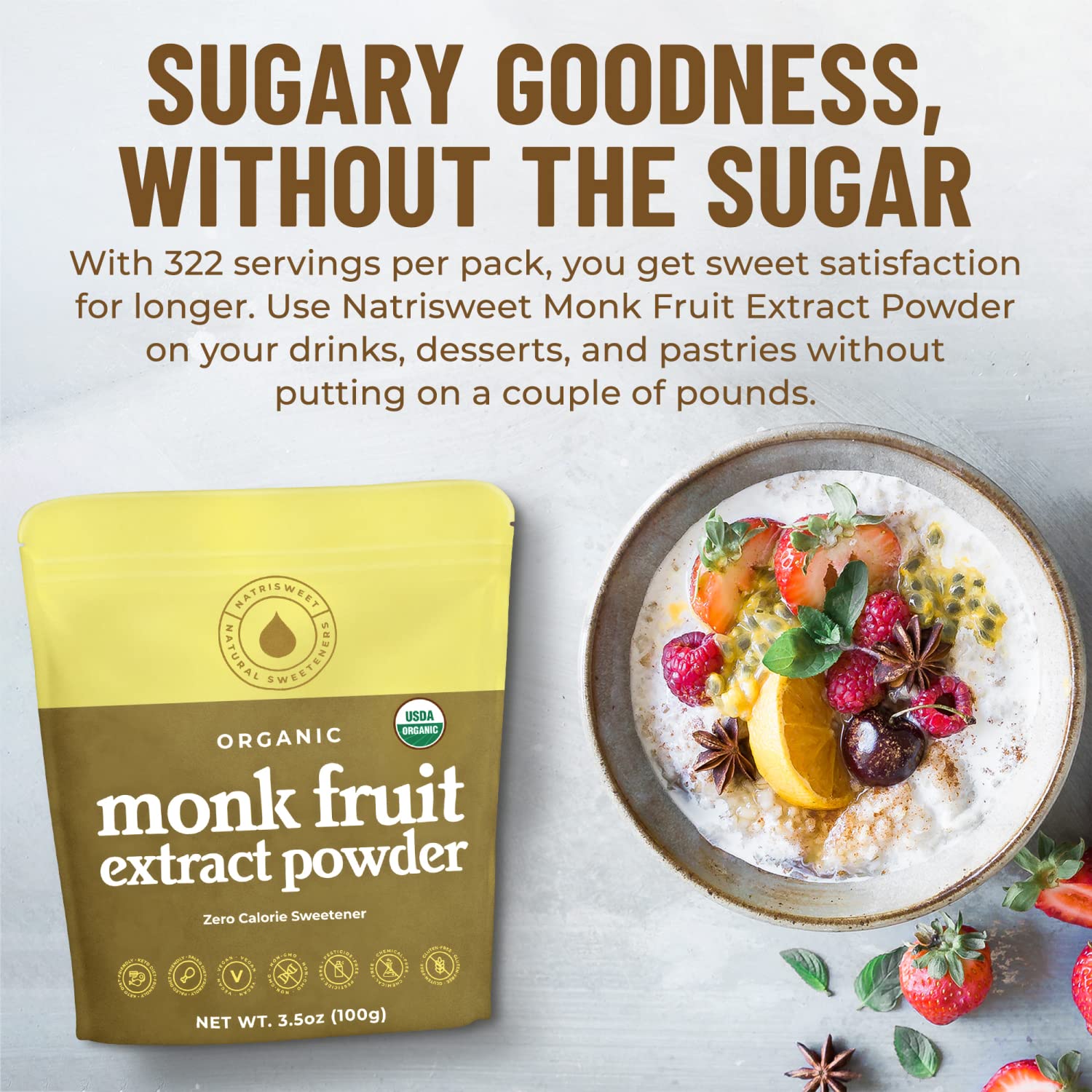 Natrisweet Organic Monk Fruit Extract, 3.5 Oz, Pure Monk Fruit Sweetener Organic With No Erythritol, No Fillers, Zero Calories, Pure Monkfruit Sweetener For Keto And Paleo Diet, 322 Servings