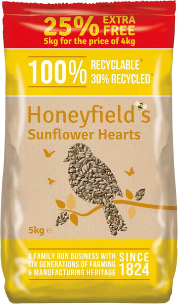 Sunflower Hearts Bird Food - Wild Bird Food for Small Birds, High in Energy and Protein, Great for Hanging Feeders, Bird Tables, and Ground Feeding, Bulk Bag (5kg) - Honeyfield’s?71050105