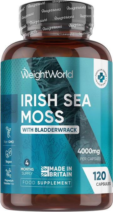 Irish Sea Moss 4000Mg - 4 Months Supply - 120 Sea Moss Capsules - Added With 639Mg Of Bladderwrack - 1 Capsule A Day - Made In The Uk - Non-Gmo - Vegan & Magnesium Stearate-Free Supplement