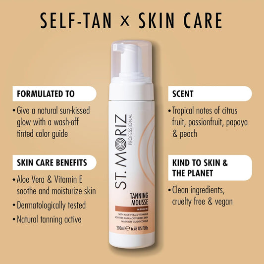 St Moriz Professional Instant Tanning Mousse In Medium | Fast Drying Vegan Fake Tan | With Aloe Vera & Vitamin E | For Streak Free Medium Golden Glow | Dermatologically Tested & Cruelty Free | 200Ml