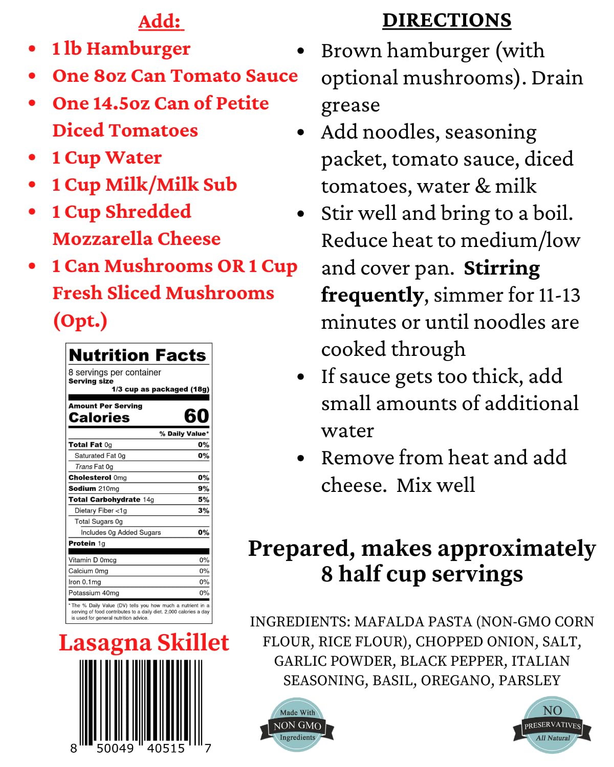 Mom's Place Gluten-Free Skillet Meal (Lasagna) : Grocery & Gourmet Food