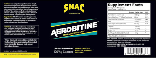 Snac Aerobitine - Stimulant Free Pre-Workout Supplement For Maximum Endurance. Nitric Oxide Booster, Improves Blood Flow, Reduces Fatigue & Thermogenic Benefits. 120 Veggie Capsules
