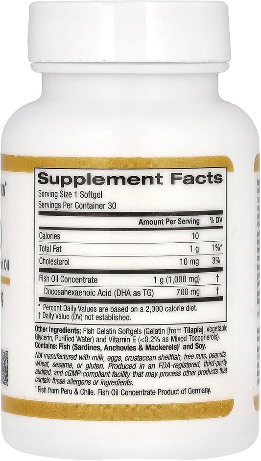 Dha 700 Fish Oil By California Gold Nutrition - Pharmaceutical Grade Fish Oil With Dha - Support For Brain & Cardiovascular Health - Gluten Free, Non-Gmo - 1000 Mg - 30 Fish Gelatin Softgels