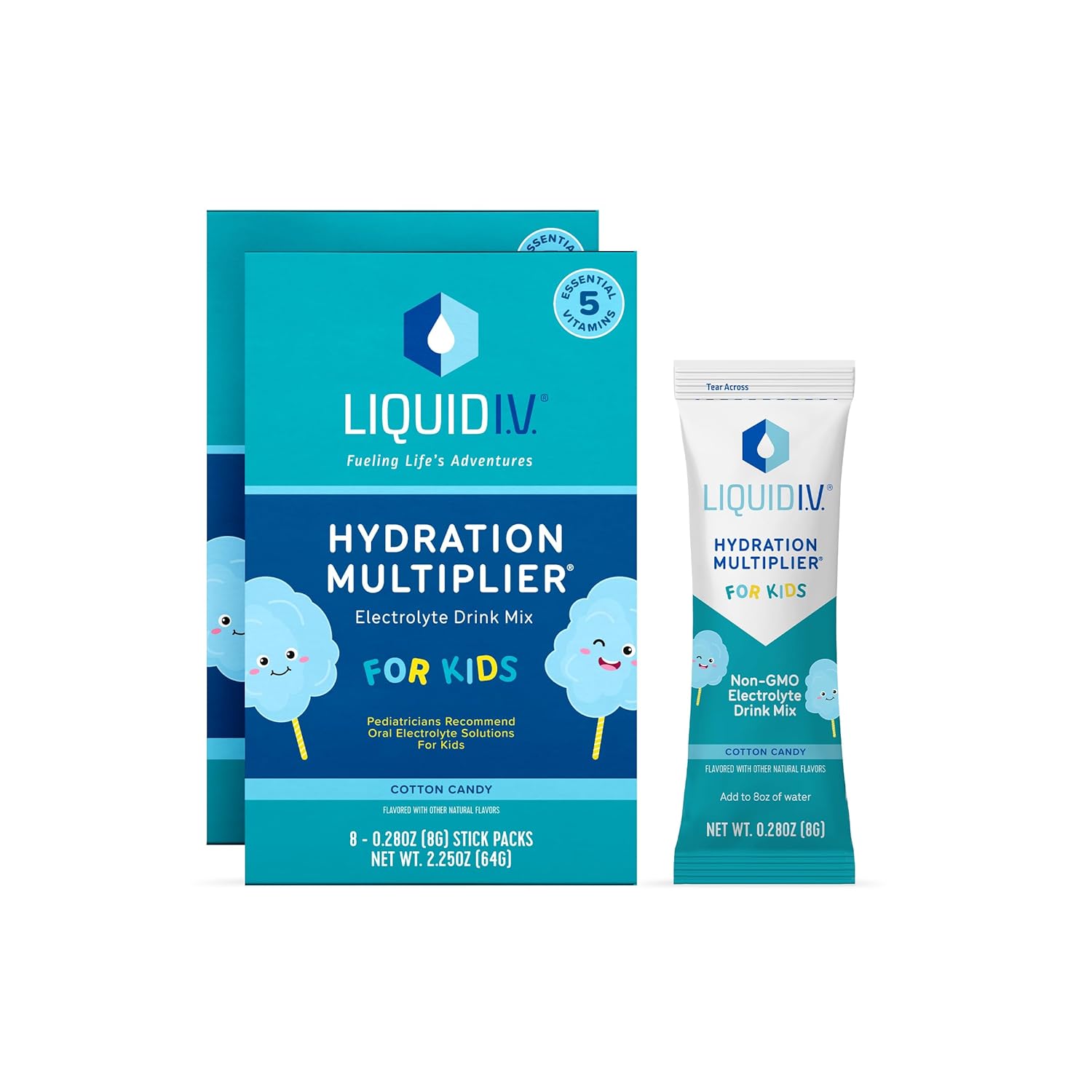 Liquid I.V. Hydration Multiplier Kids - Blue Cotton Candy - Hydration Powder Packets | Electrolyte Powder Drink Mix | Easy Open Single-Serving Servings | Non-GMO | 1 Pack (16 Servings)