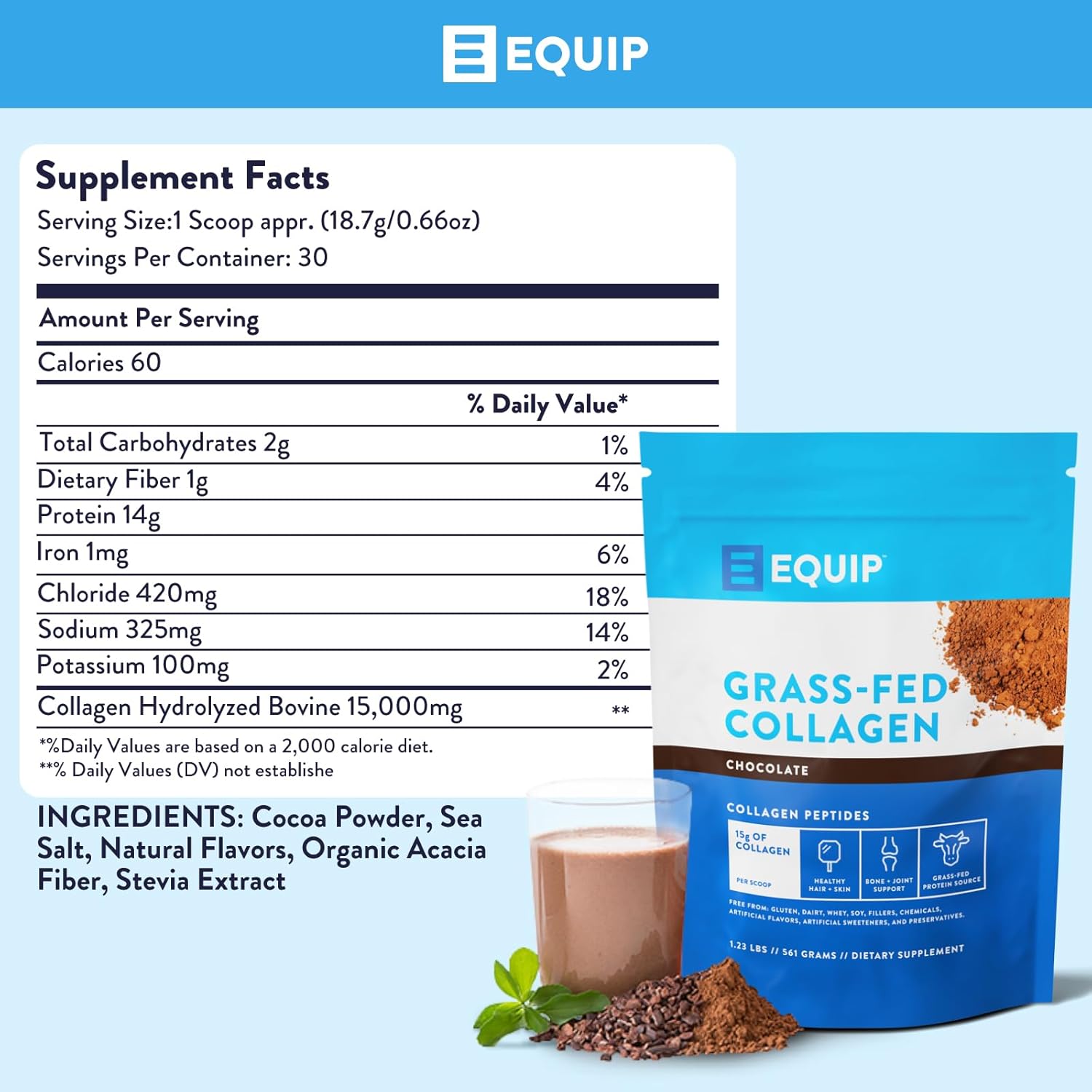 Equip Foods Grass Fed Collagen Powder -100% Hydrolyzed Bovine Collagen Peptides with Amino Acids - Prime Beef Collagen for Healthy Joints, Skin & Nails - Non-GMO, Paleo Friendly, 1.23 Pound, Chocolate : Health & Household