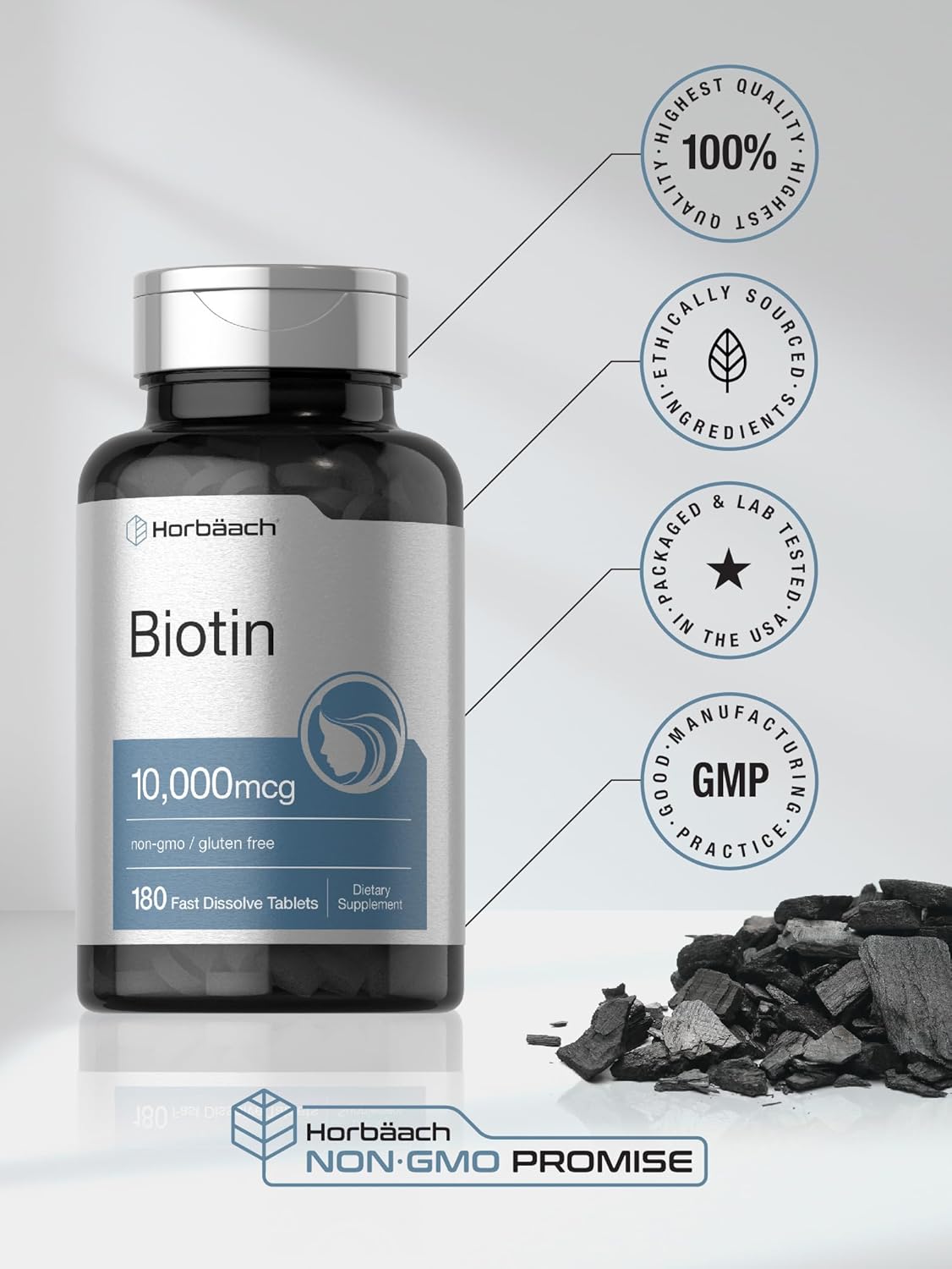 Horbäach Biotin 10000mcg | 180 Fast Dissolve Tablets | Beauty Formula | Vegetarian Supplement | Non-GMO, Gluten Free : Health & Household