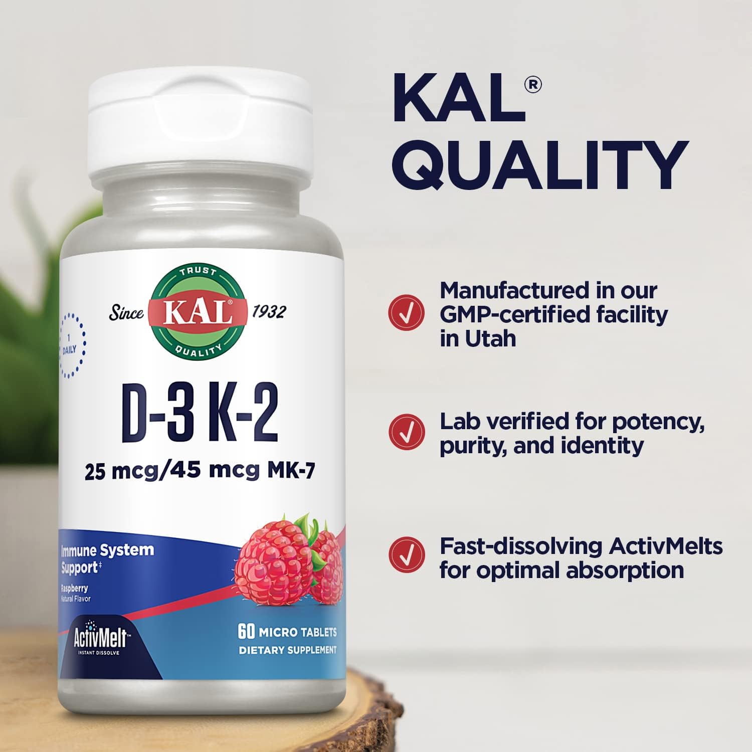 Kal 1000 Iu D-3 & K2 Tablets, Raspberry, 60 Count (Pack of 1) : Health & Household