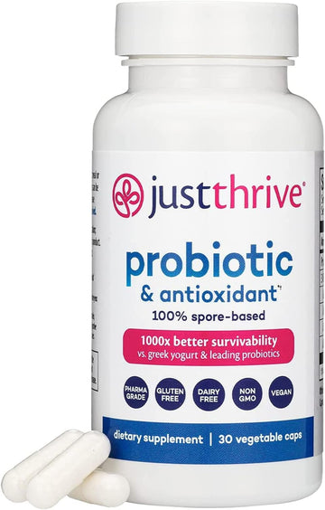 Just Thrive Probiotic & Antioxidant Supplement - 100% Spore-Based Digestive And Immune Support - Gluten Free, 30 Caps