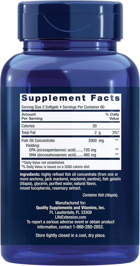 Life Extension Mega Epa/Dha, Omega-3 Fatty Acids, Heart & Brain Health, Inflammation Health Support, Non-Gmo, Gluten-Free, 120 Softgels