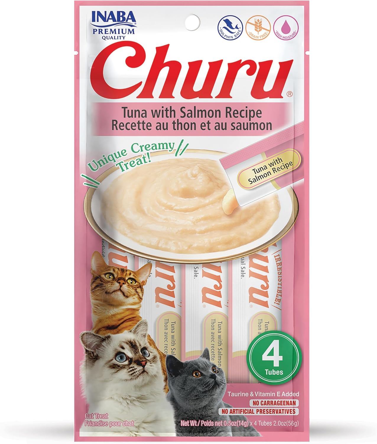 INABA Churu Cat Treats, Grain-Free, Lickable, Squeezable Creamy Purée Cat Treat/Topper with Vitamin E & Taurine 0.5 Ounces Each Tube, 4 Tubes, Tuna with Salmon Recipe