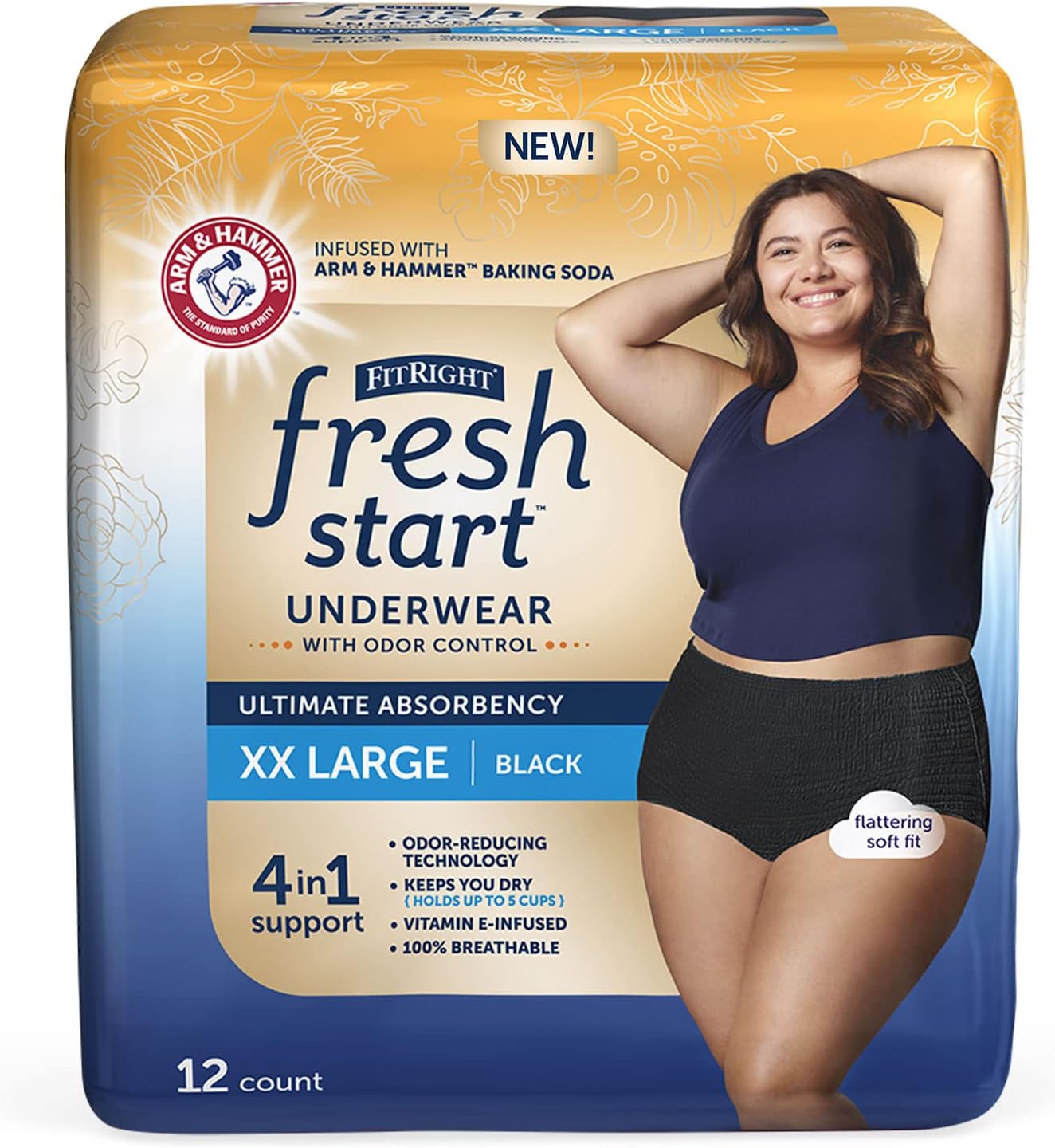 Fitright Fresh Start Incontinence And Postpartum Underwear For Women, Xxl, Black (12 Count) Ultimate Absorbency, Disposable Underwear With The Odor-Control Power Of Arm & Hammer