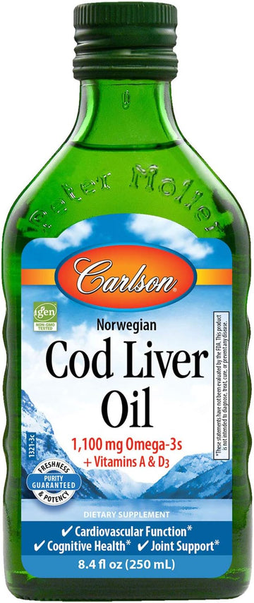 Carlson - Cod Liver Oil, 1100 mg Omega-3s, Plus Vitamins A and D3, Wild Caught Norwegian Arctic Cod Liver Oil, Sustainably Sourced Nordic Fish Oil Liq, Unavored, 250 mL (8.4  )