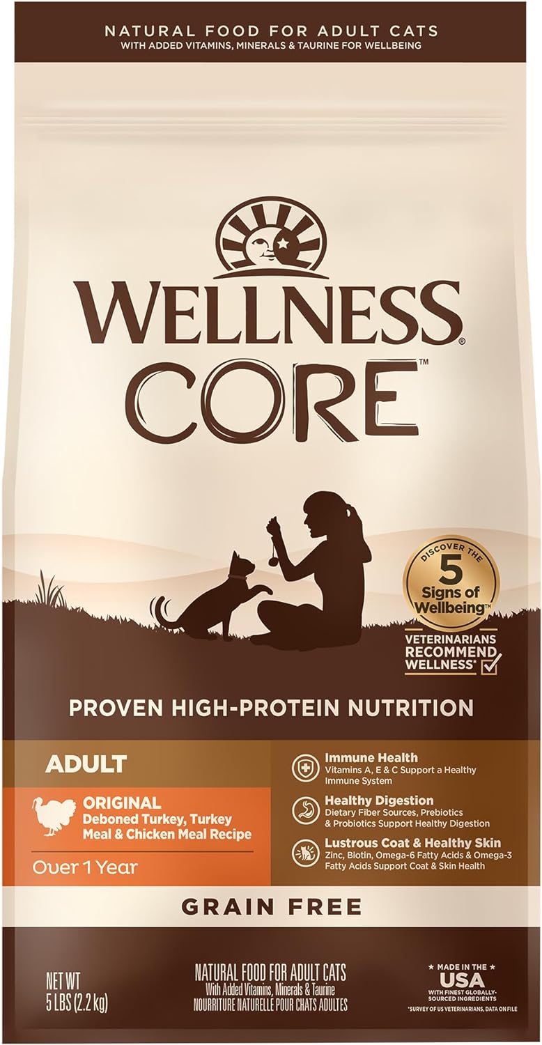 Wellness Core High Protein Grain-Free Adult Dry Cat Food, Original Formula Turkey, Turkey Meal & Chicken Recipe, 5 Pound Bag