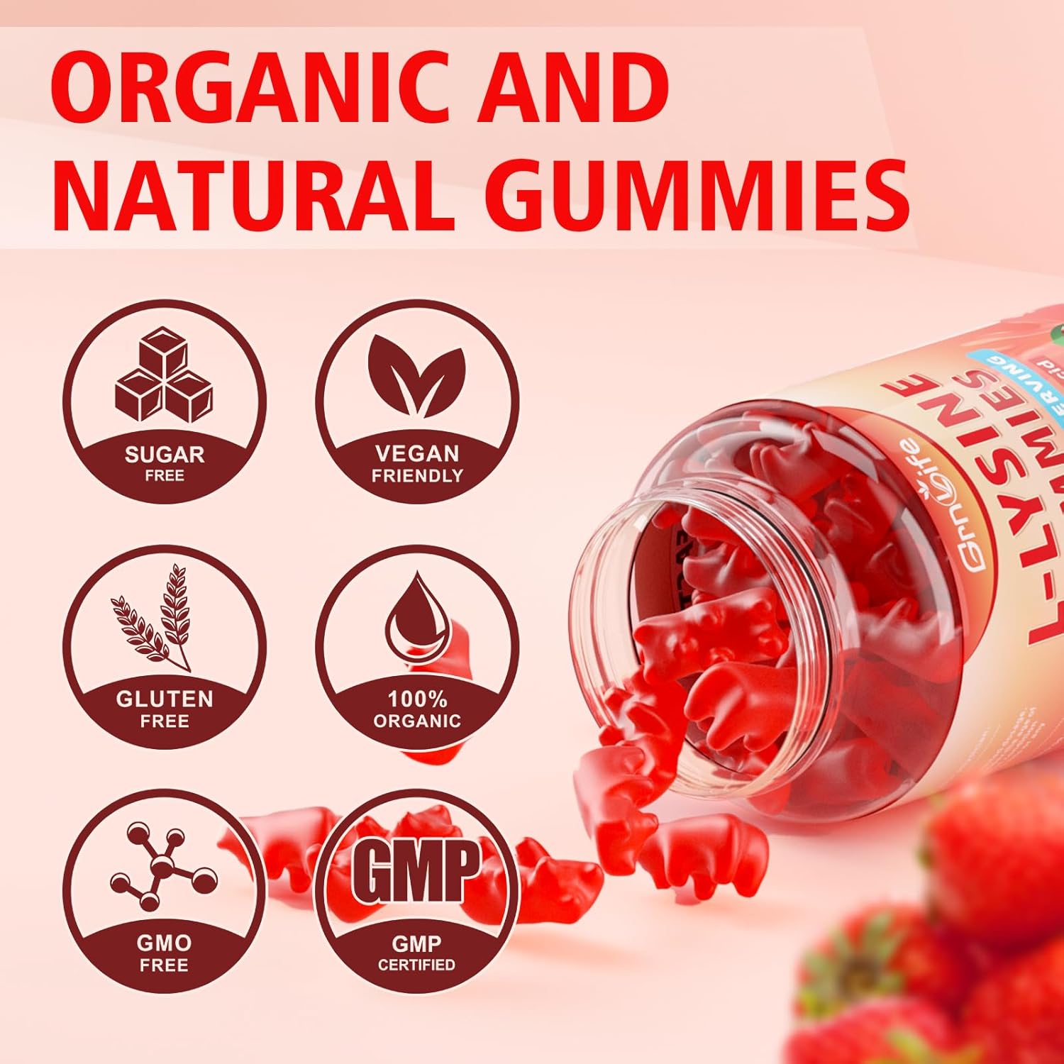 L-Lysine 1000Mg Gummies, Chewable Lysine Supplement For Adults & Kids, Essential Amino Acid Supplement For Immune Support, Collagen Formation Support, Strawberry, 60 Count : Health & Household