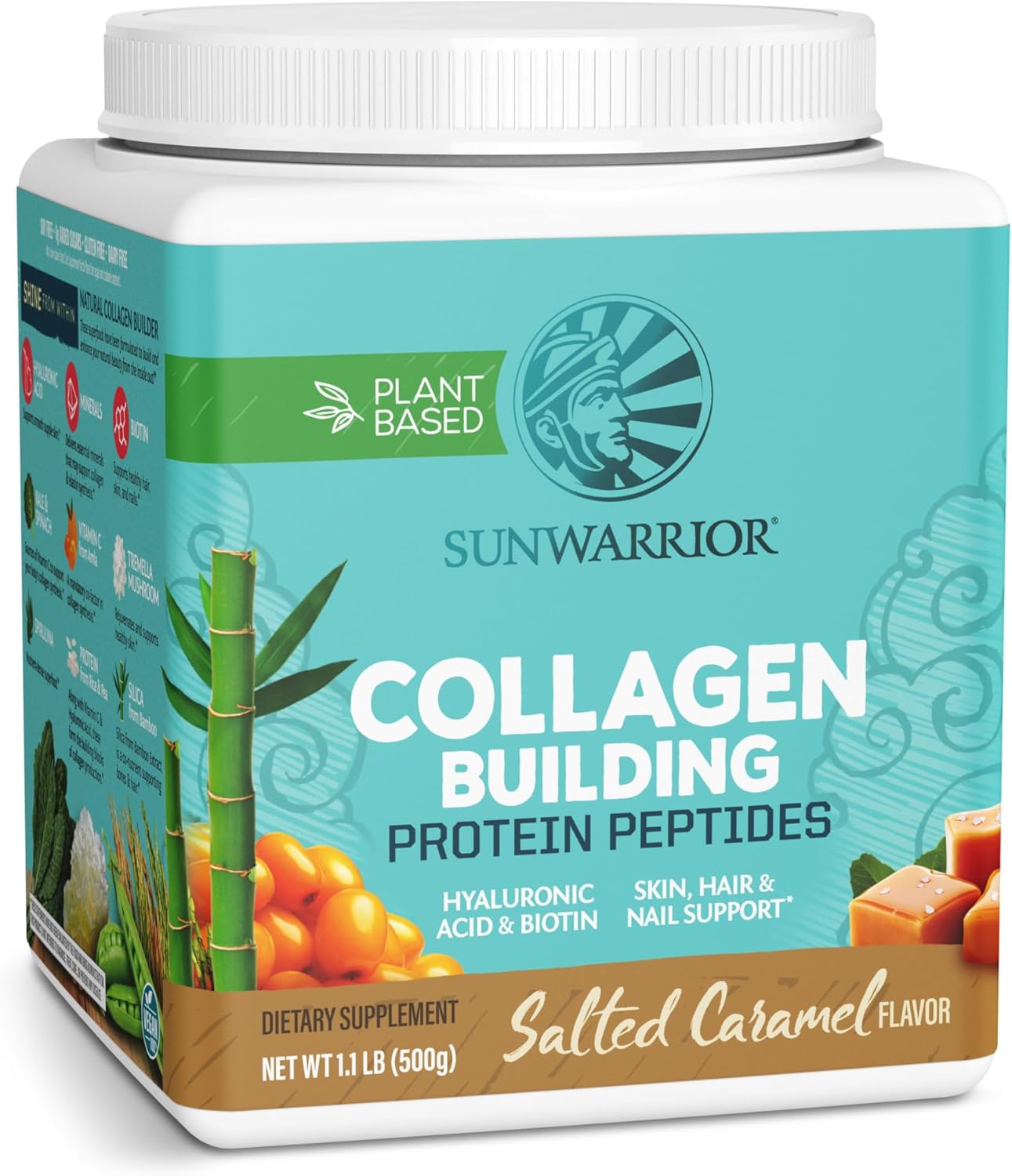 Sunwarrior Vegan Collagen Protein Powder Plant-Based | Hyaluronic Acid Minerals Biotin Soy Free Dairy Free Gluten Free Non-Gmo | Salted Caramel 20 Servings | Collagen Building Peptides