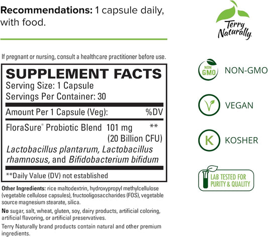 Terry Naturally Florasure Probiotic - 30 Capsules - Daily Support For Healthy Digestion - Non-Gmo, Vegan, Kosher - 30 Servings