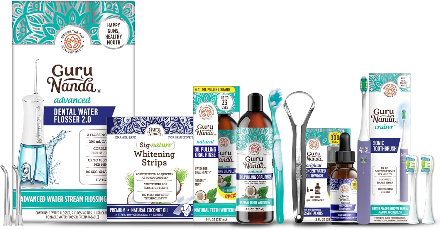 Gurunanda Total Oral Care, With Oil Pulling, Whitening Strips, Concentrated Mouthwash, Advanced Water Flosser & Lavender Sonic Toothbrush