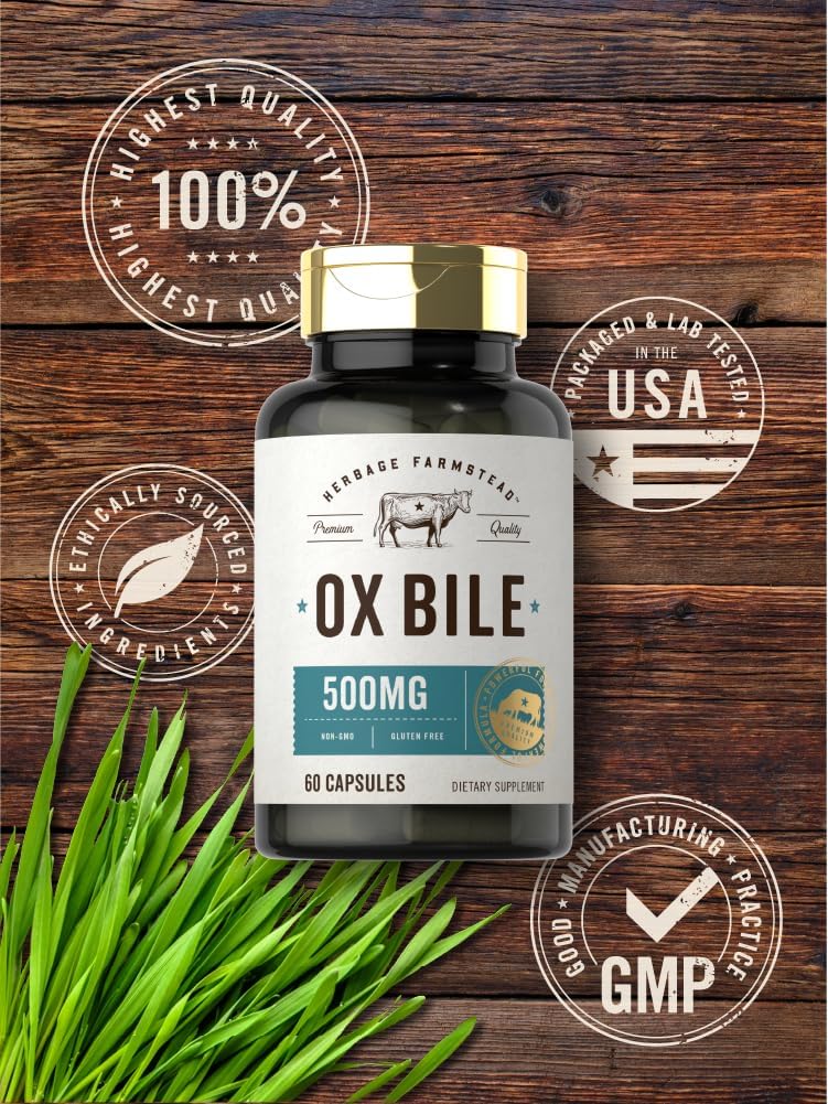 Ox Bile Supplement | 500mg | 60 Capsules | Digestive Enzyme | Non-GMO & Gluten Free | by Herbage Farmstead : Health & Household