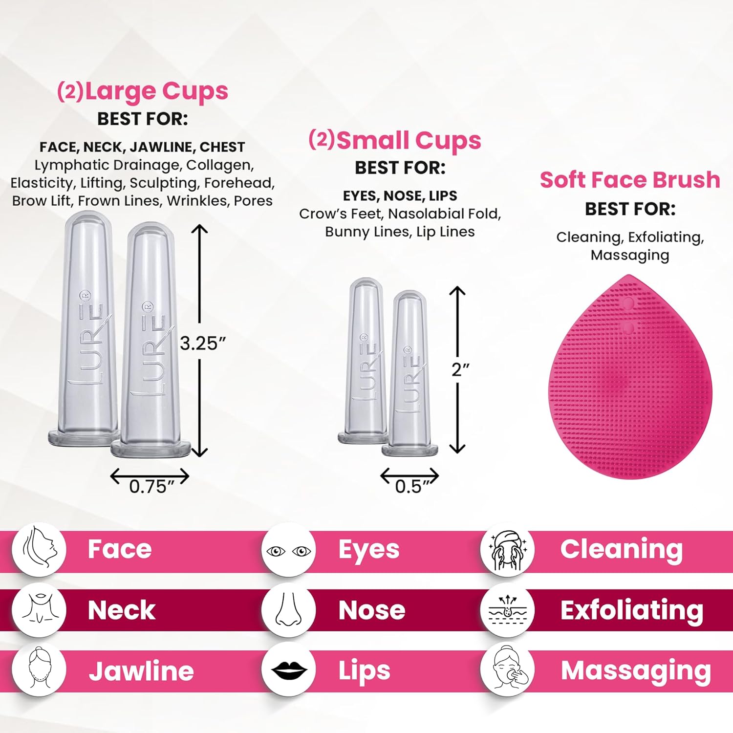Lure Essentials Glam Facial Cupping Set (5 Pc) Face Eyes Lips Cupping Set With Brush Collagen Lymphatic Massage : Beauty & Personal Care