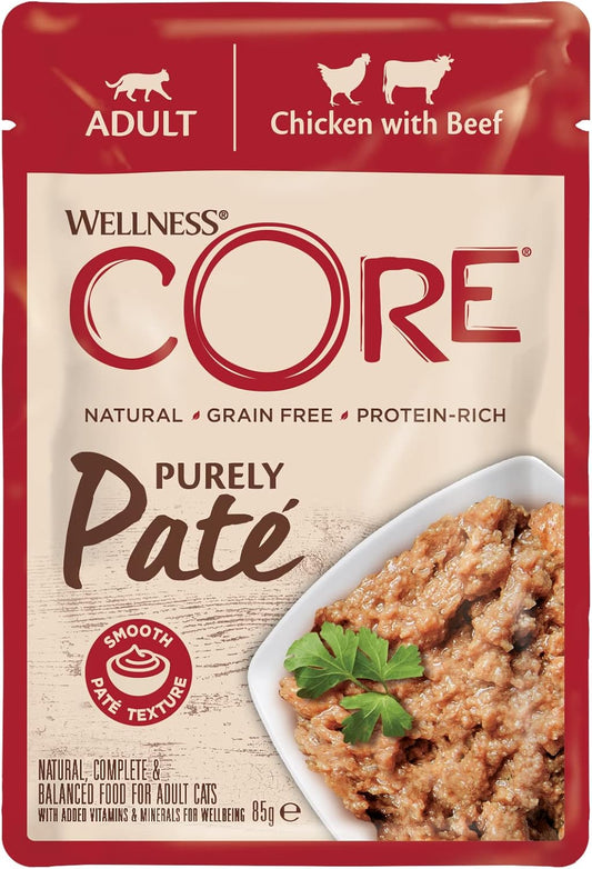 Wellness CORE Purely Paté Chicken & Beef, Smooth Paté Wet Cat Food, Grain-Free, High Meat Content, Chicken & Beef, 24 x 85g