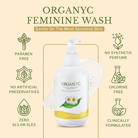 Organyc Feminine Intimate Wash For Sensitive Skin With Chamomile, Free From Chlorine, Parabens, Sls/Sles, And Synthetic Perfumes 8.5 Fluid Ounce