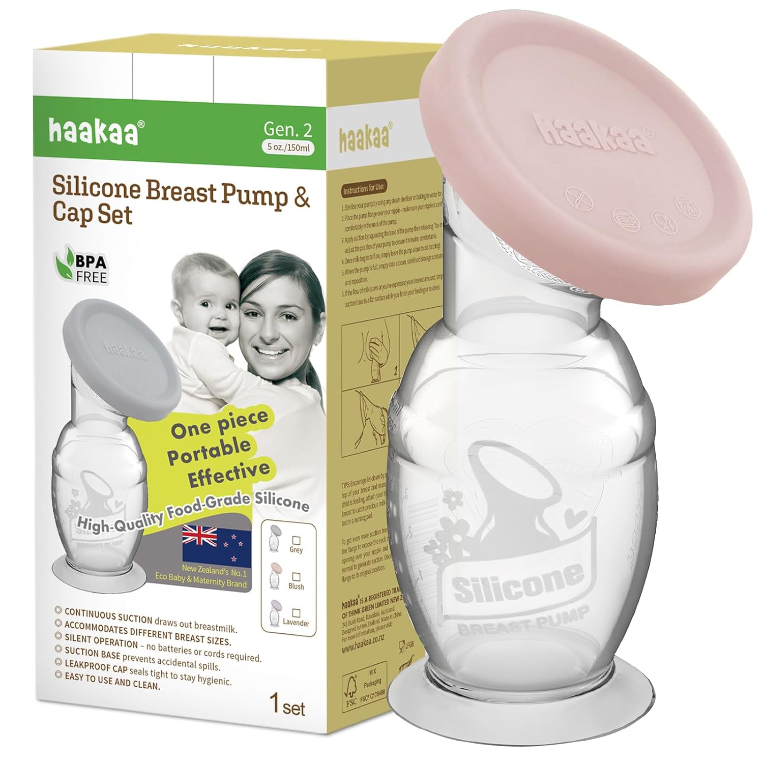 haakaa Silicone Breast Pump & Silicone Cap (Blush) 5oz/150ml, Gen.2