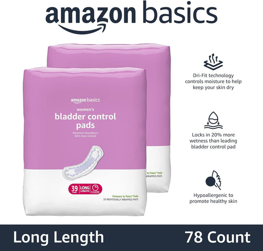 Amazon Basics Women'S Incontinence Pads, Bladder Control & Postpartum, Maximum Absorbency, Unscented, 78 Count, (2 Packs Of 39)