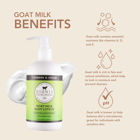 Dionis Goat Milk Hydrating Skincare Scented Cream, Rich & Creamy Daily Moisturizing Verbena & Cream Body Lotion For Dry Skin, Made In The Usa, Cruelty-Free & Paraben-Free, 8.5 Oz Bottle